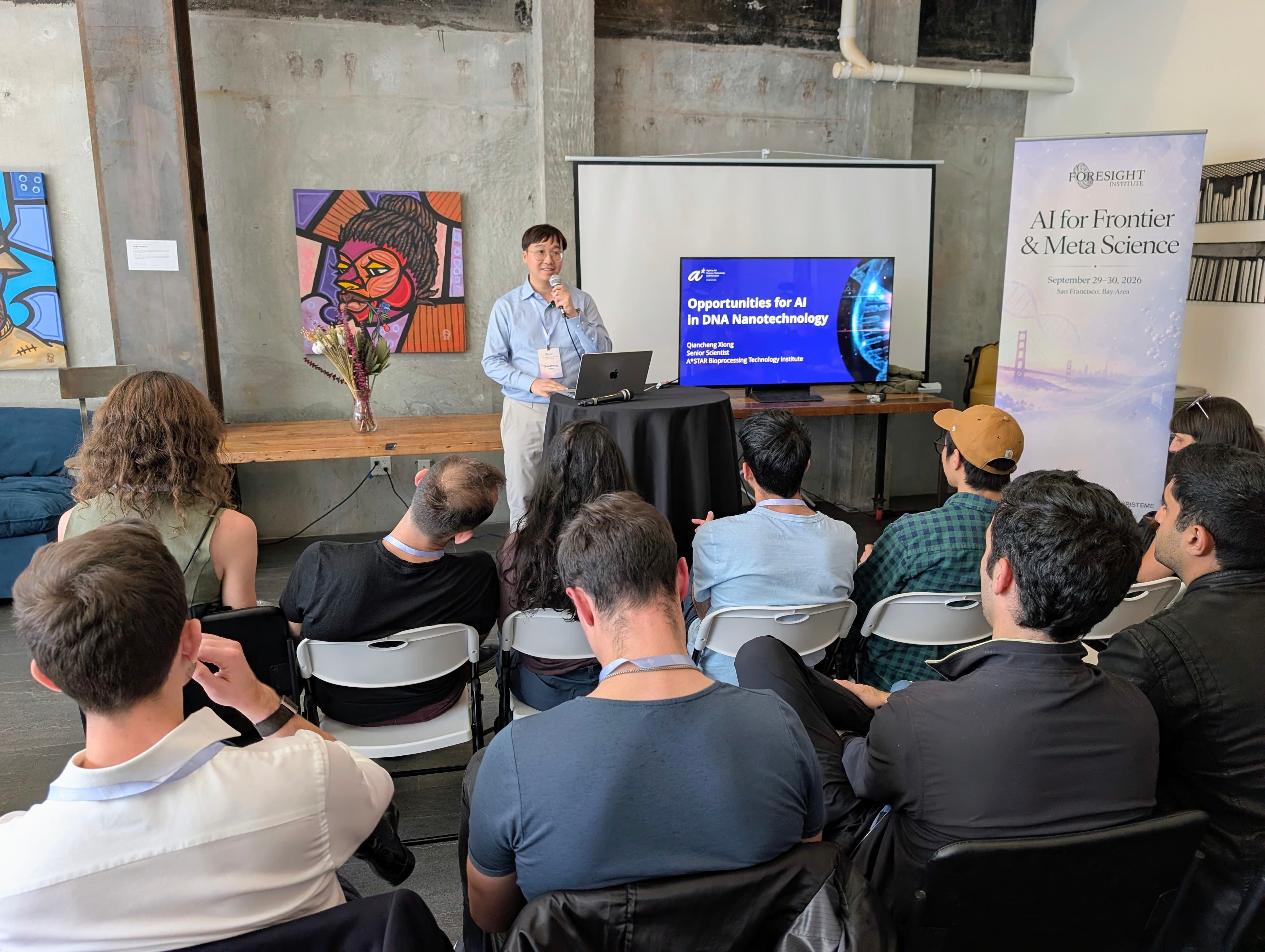 Qiancheng giving his talk on opportunities for AI in DNA nanotechnology at AI for Frontier & Meta Science in San Francisco
